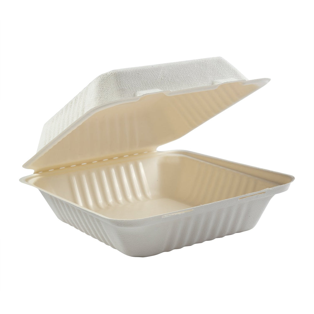 8×8″ Compostable Sugarcane Clamshell Container 200 Pcs
