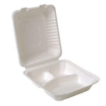 9×9″ 3 COMPARTMENT Compostable Sugarcane Clamshell Container 200 Pcs