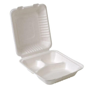 9x9" 3 COMPARTMENT Compostable Sugarcane Clamshell Container 200 Pcs